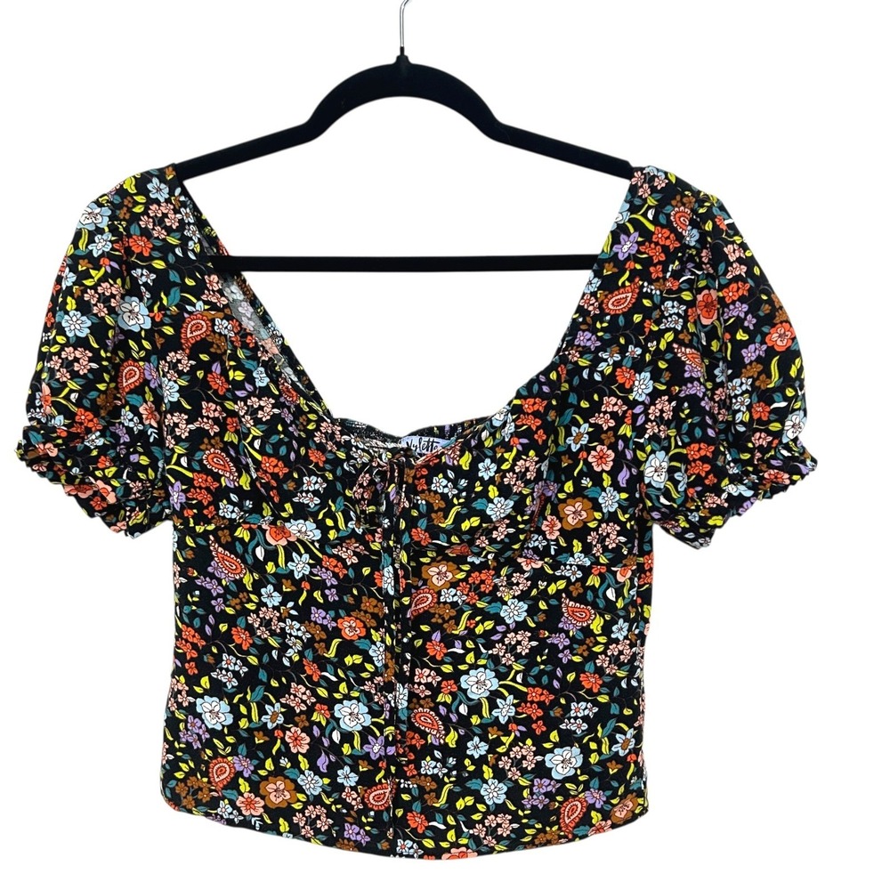 Y2K Babydoll Coquette Floral Puff Sleeve Crop Top L‎ Black Tie Front Feminine